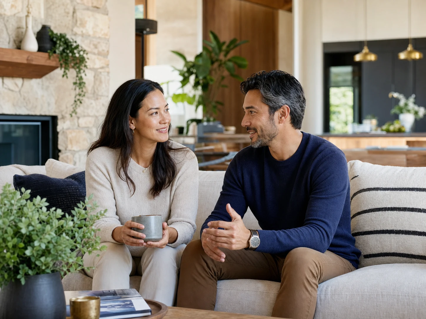 A successful professional couple talking together at home